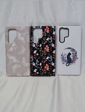 3 Samsung Galaxy S22 Ultra Phone Cases Bundle Floral, Butterflies, Cat With Moon